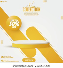 Modern Beauty Product Display for Social Media Promotion. Minimal Skincare Product Ad with 50% Off Offer. Beauty Brand Sale Banner design with an empty podium. Beauty Sale Flyer. Social media poster