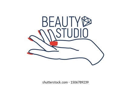 Modern Beauty Salon logo template with female hand and diamond. Simply poster template for spa, cosmetic and fashion industry. Vector illustration