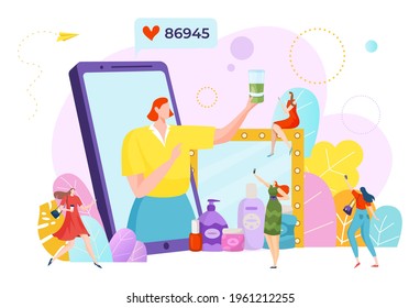 Modern beauty video blogger tiny woman character hold cosmetic product, business content creation flat vector illustration, isolated on white.