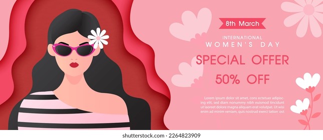 Modern and beauty woman with women's day specials offer sale wording on flower pattern and pink background. Card and poster's campaign of Women's day in paper cut style