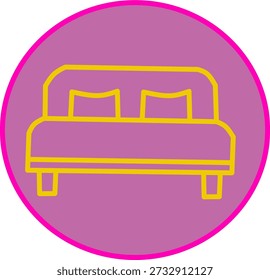 Modern bed icon with pillows in circular badge, bedroom furniture symbol for hotel, home, sleep, interior design, app UI, minimal flat style.