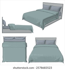 Modern Bed illustration with blanket and pair pillows. Vector images are produced from the tracing process.