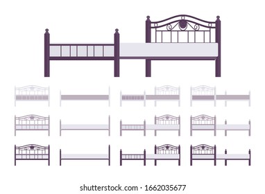 Modern Bed Metal Furniture Platform With Frame Board And Linen. Iron Arced Vintage Design, Mattress Foundation For Home Or Hotel Decor. Vector Flat Style Cartoon Illustration, Different Colors, View