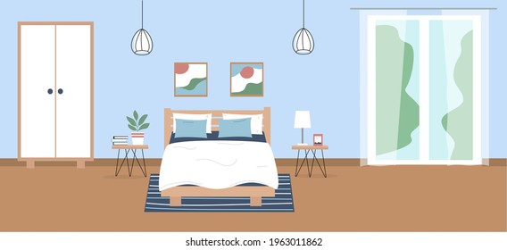 Modern bed room with furniture. Bed, wardrobe, table, balcony. Vector illustration in flat style.