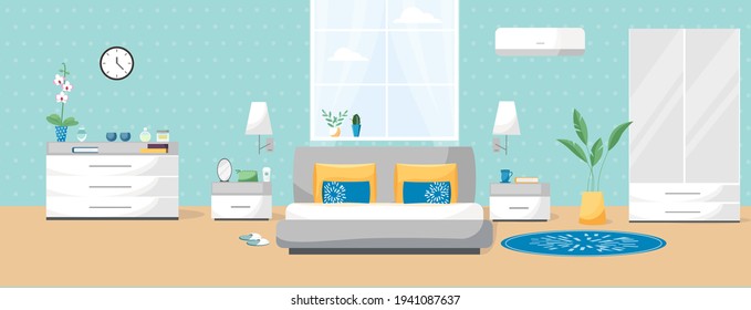 Modern bed room interior. Vector banner. Design of a cozy room with a bed, closet, furniture, window, commode and decor accessories