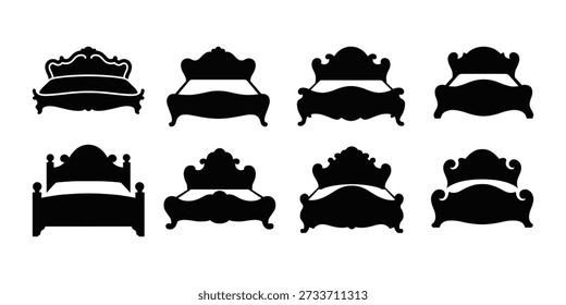 Modernes Bett Silhouette Icon Set minimale Schlafzimmermöbel.
