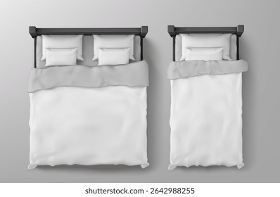 Modern bed top view in double and single sizes with white pillows and blankets on black frames and headboard. Bedroom furniture mockup, interior design layouts for room visualization presentations.