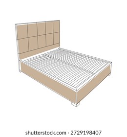 Cama moderna com cabeceira estofada em estilo vetor de linha limpa. Mínima ilustração de mobiliário adequado para o design de interiores do quarto, catálogos de móveis, visuais de decoração da casa e apresentações modernas.