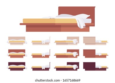 Modern bed wood furniture platform with headboard and linen. Pillow, comfortable blanket, mattress foundation for home or hotel decor. Vector flat style cartoon illustration, different colors and view