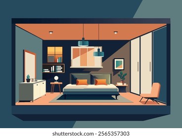 Modern bedroom with big bed, shelving units, chest of drawers and bedside tables, interior design template in flat style Vector illustration.