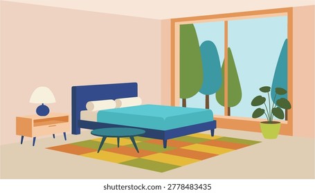 Modern bedroom with blue bed and large window showing outdoor trees