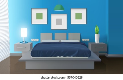 Modern bedroom blue interior with bed and house plant realistic vector illustration 