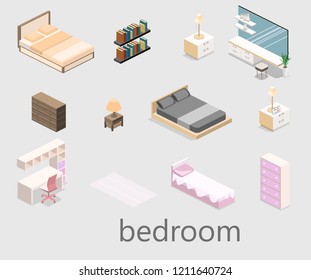 modern bedroom design in isometric style. Flat 3D illustration