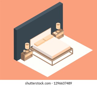 Modern bedroom design in isometric style vector illustration interior of family double wooden bed with mattress, two white pillows, night tables with lamps near bed and background.