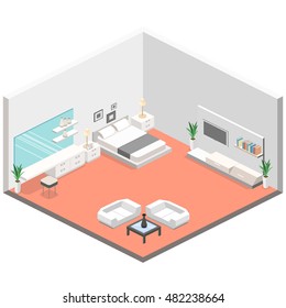 modern bedroom design in isometric style. Flat 3D illustration