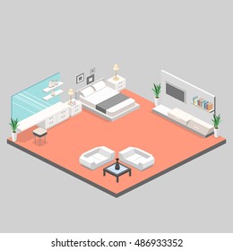 modern bedroom design in isometric style. Flat 3D illustration