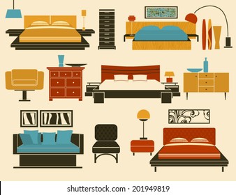 Modern bedroom furniture and accessories, including beds, night stands, chests of drawers, chairs, table, floor lamps and decoration