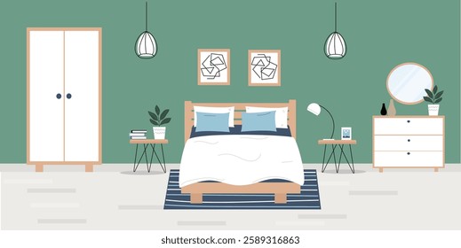 Modern bedroom with furniture. Bed, table, lamps, carpet, wardrobe. Bedroom interior. Vector illustration in flat style.