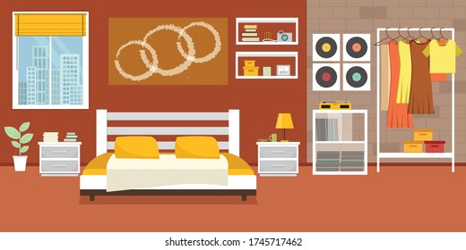 Modern Bedroom with furniture. Flat style vector illustration. Cozy interior. Hotel room.