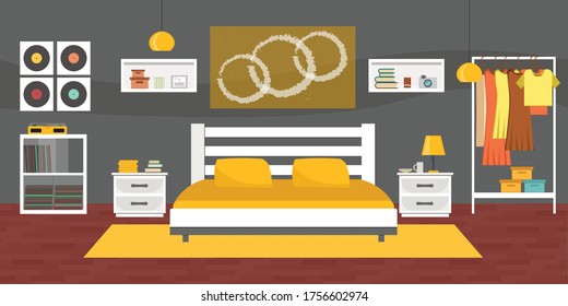 Modern Bedroom with furniture. Flat style vector illustration. Cozy interior. Hotel room.