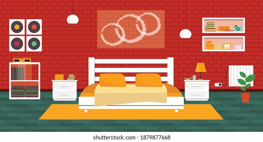 Modern Bedroom with furniture. Flat style illustration. Cozy interior. Hotel room.