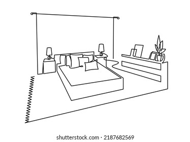 Modern bedroom furniture interior continuous one line drawing. Room line sketch drawing. Home Indoor design vector illustration.