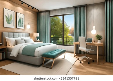 modern bedroom has a work desk overlooking nature and trees.