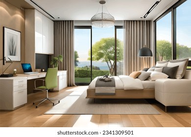 modern bedroom has a work desk overlooking nature and trees.