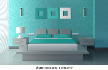 Modern bedroom interior with bed drawer and lamp realistic vector illustration 