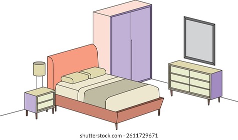 Modern Bedroom Interior With Bed And Dressing Table, Almira, table lamp. vector illustration of a bedroom. Cozy living room. Residential lifestyle.