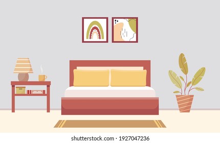 Modernes Schlafzimmer mit Bett, Lampe und Pflanzen. Gemütliches Schlafzimmer mit Mobiliar. Gemälde über dem Bett. Vektorgrafik im Flachstil.