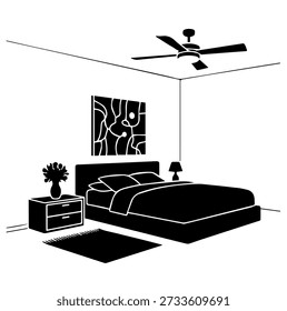 Interior moderno do quarto com uma cama, mesa de cabeceira, lâmpada, ventilador de teto, arte abstrata e um tapete, criando uma atmosfera acolhedora.