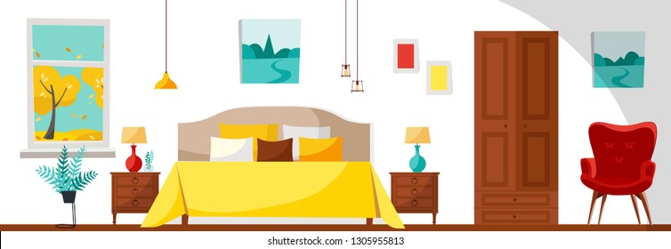 Modern Bedroom interior with a bed, nightstands, lamps, wardrobe, red soft armchair and window with trees landscape. Flat cartoon style vector illustration on white background.