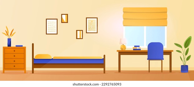 El interior moderno de la habitación. Cama y mesa con lámpara por ventana y pared con cuadros abstractos. Mobiliario elegante. Habitaciones acogedoras y confortables. Dibujo vectorial plano de dibujos animados