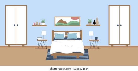 Modern bedroom interior. Bed, wardrobe, wardrobe, plants, pictures, decoration. Vector illustration in flat style. 