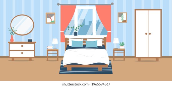 Modern bedroom interior. Bed, wardrobe, wardrobe, plants, pictures, decoration. Vector illustration in flat style. 