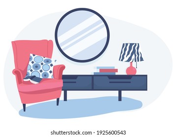 Modern bedroom interior. Bedroom corner with an armchair, commode and mirror. Flat vector illustration on a white background.