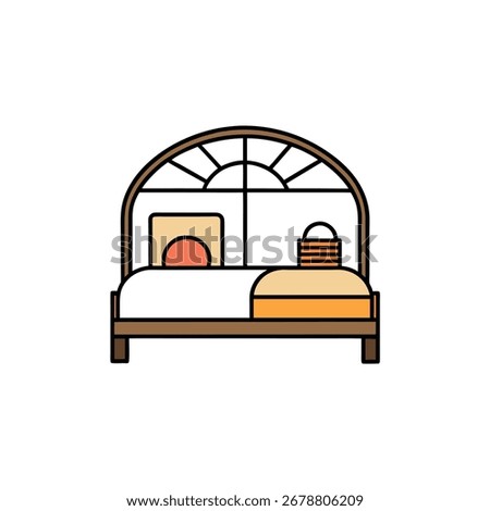 Modern bedroom interior design with arched window and comfortable bed concept