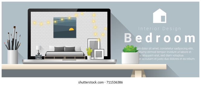 Modern bedroom interior design background , vector , illustration