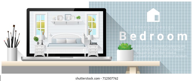 Modern bedroom interior design background , vector , illustration