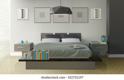 Modern bedroom interior design with bed books and cups realistic vector illustration 