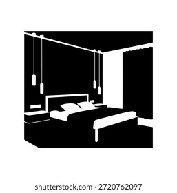Interior moderno del dormitorio con luces colgantes colgantes de cama doble y mesitas de noche Ilustración vectorial de silueta para la decoración del hogar