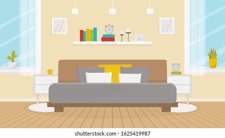 Modern bedroom interior with furniture. Double bed, bedside tables, big windows, wooden floor. Family apartment. Home design. Flat vector illustration.