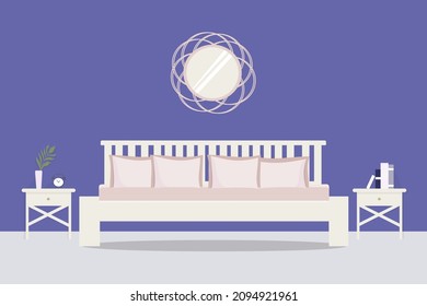 Modern bedroom interior with furniture. Empty bedroom concept. Vector flat cartoon graphic design illustration with shadows. Family bedroom in very peri color