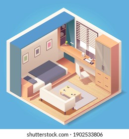 Modern Bedroom Interior With Furniture  In Isometric Style