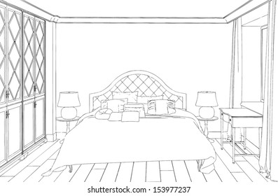 Modern bedroom interior hand drawing