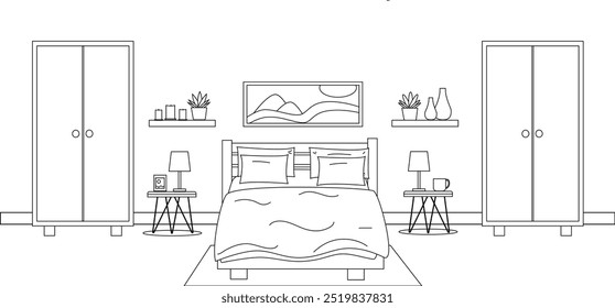 Modern bedroom interior in line art style. Bed, wardrobe, table, plants, pictures, decoration silhouette . Vector illustration in flat style. 