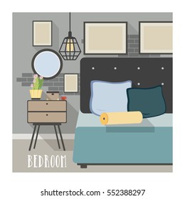 Modern bedroom interior in loft style. Colorful flat illustration.