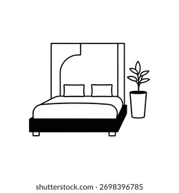 Interior de quarto moderno com cama de plataforma, cabeceira e planta doméstica