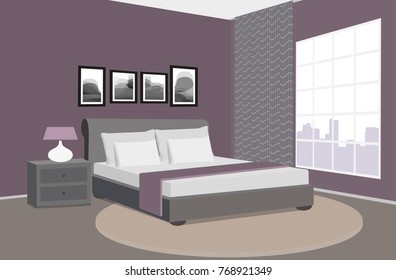 Modern bedroom interior. Room in the hotel. Vector illustration.